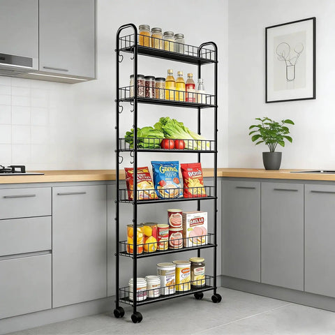 Slim Rolling Storage Cart With Wheels, 6-Tier Narrow Black Shelf On Casters in kitchen with jars and groceries