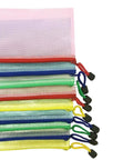 Slick Clear Plastic Zipper Document Bags Pack of Fifteen in Five Bright Shades With No Sweat Closure and Handy Wrist Loop for Receipts Checks Paperwork and All Your Gear stacked in various colors.