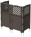 Brown 4-panel outdoor privacy screen for trash cans and AC units, weather resistant fence with lattice top detail.
