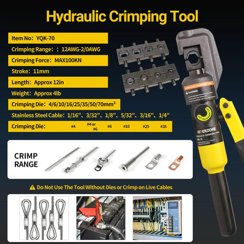 10 Ton Hydraulic Crimping Tool Kit With 8 Dies For 12 AWG To 2/0 AWG Battery Cable And Stainless Steel Wire Rope Ends Ring Terminals Crimping Set Delivers Clean Permanent Hex Crimps Every Time with crimp range and warning details.