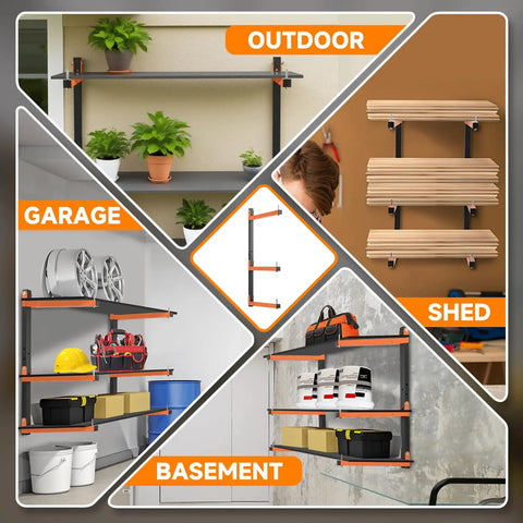 Hella Strong Wall Mounted Lumber Rack Six Pack Wood Storage Organizer Built Tough 1080 Pound Capacity in garage, shed, outdoor, and basement settings.