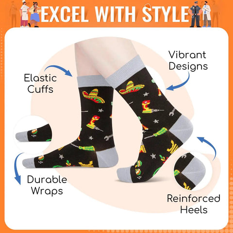 Nacho Average Mechanic Socks Pack For Gearheads And Car Lovers with vibrant sombrero and cactus pattern, elastic cuffs.
