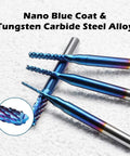10-piece blue-coated nano end mills set with 1/8 inch shanks, 0.8–3 mm cutting diameters, carbide