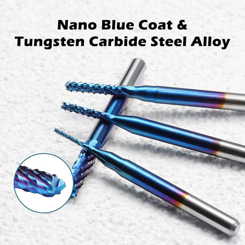 10-piece blue-coated nano end mills set with 1/8 inch shanks, 0.8–3 mm cutting diameters, carbide