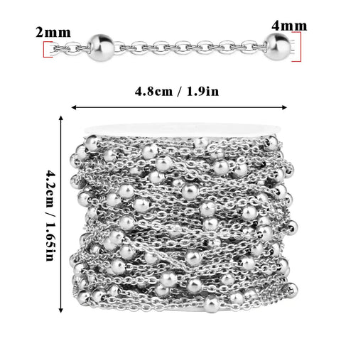33ft 2mm Stainless Steel Satellite Bead Chain Roll Bulk For Jewelry Making, 304 Stainless Steel Nickel Free And Lead Free Cable Chain With 4mm Beads, Ideal For Necklaces, Bracelets, And Artisan Jewelry Projects. Close-up of 2mm chain and 4mm bead coil