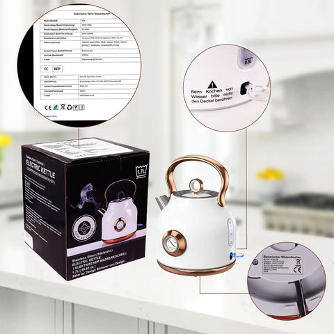 1.7L Stainless Steel Electric Kettle With Big Temperature Gauge And LED Indicator, 1500W Fast Boil For Quick Tea Or Coffee, Auto Shutoff And Boil Dry Protection, White, with packaging and details.