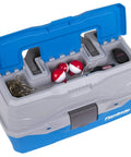 Top view of Two Tray Cantilever Tackle Box With 15 Compartments And Removable Dividers Portable Fishing Lure Storage Organizer With Flip Top Lid And Accessory Compartment, showing medium blue gray design filled with fishing gear.