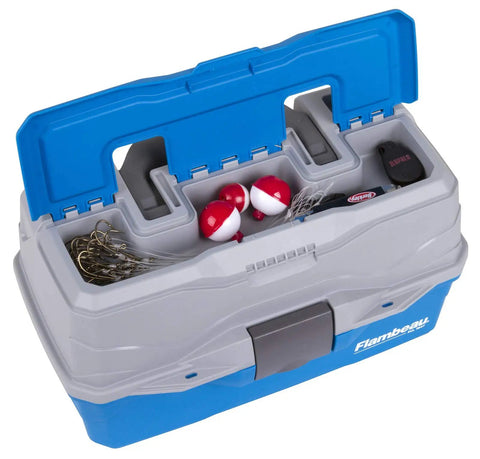 Top view of Two Tray Cantilever Tackle Box With 15 Compartments And Removable Dividers Portable Fishing Lure Storage Organizer With Flip Top Lid And Accessory Compartment, showing medium blue gray design filled with fishing gear.