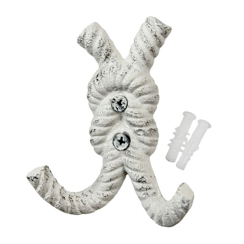 Top Shelf Nautical Rope Knot Wall Hooks Set Of Three Tough Cast Iron Antique White Finish showing one hook with anchors.