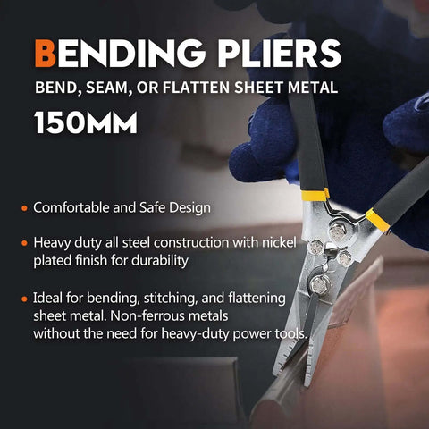 6 Inch Hand Seamer For Sheet Metal With One Quarter Inch Depth Markings Straight Jaw Bender Pliers close-up with cushion handle
