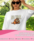 Woman wearing a white tee with Dope Antiwar DTF Transfers Set For DIY Tees Six Pack Monkey Punchs Antiwar Collection graphic.