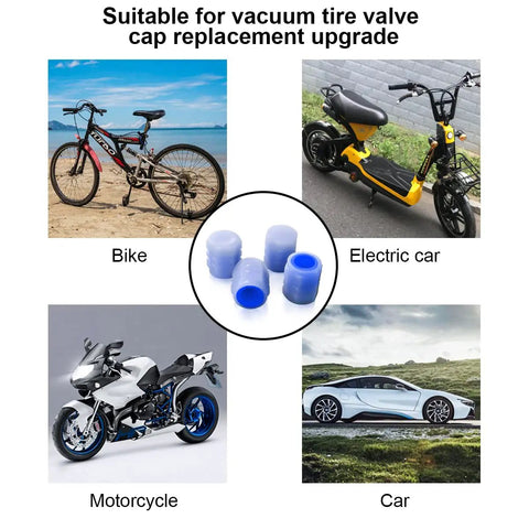 Glow In The Dark Tire Valve Caps Pack Of 12 For Cars, Trucks, SUVs, Motorcycles And Bikes, image showing compatibility with various vehicles.