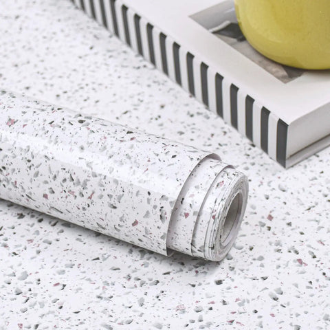 White Glossy Marble Contact Paper Self Adhesive Peel and Stick Wallpaper for Countertops Kitchen Bathroom Cabinets Waterproof and Easy to Clean 118 In by 15.7 In Roll 12.9 Sq Ft with Grid Back for Quick Measuring and Cutting, rolled on speckled surface