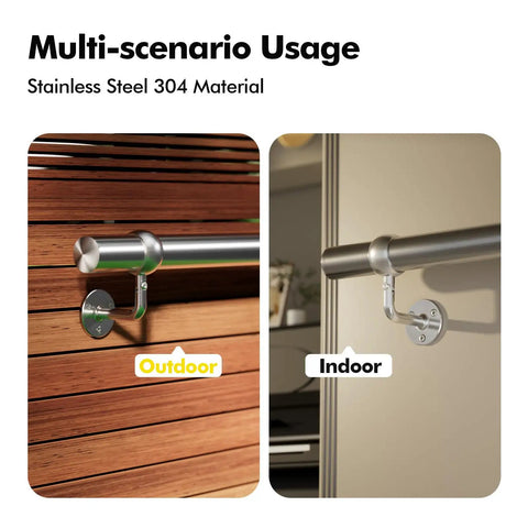 Top Shelf 6ft Wall Mounted Stair Handrail Kit Built Tough With Rust Proof 304 Stainless Steel To Hold Your Weight Securely On Decks Stairs Or Patios Indoors And Outdoors Silver shown mounted on outdoor and indoor surfaces.