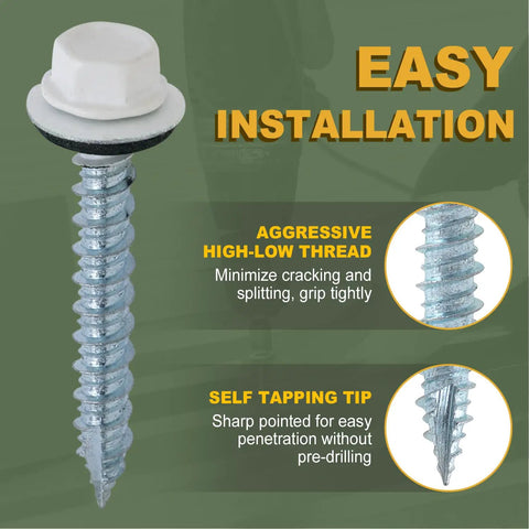Top Shelf Badass Metal Roofing Screws Number 10 X 1 Inch 300 Pack showing self-tapping tip for easy installation.
