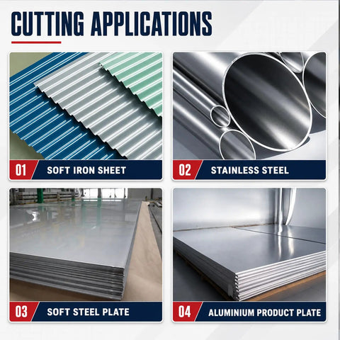 Power Sheet Metal Shear Drill Attachment Metal Cutter Head For 12 Volt Drills shown cutting soft iron, stainless steel, soft steel, and aluminum sheets.