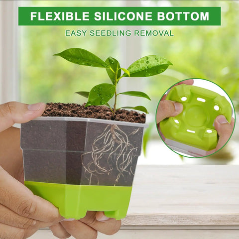 Ten Pack 4 Inch Clear Nursery Pots With Reinforced Silicone Base For Easy Transplant And Root Friendly Seed Starter Seedling Pots With Drainage For Greenhouse Or Garden Use, held in hand, flexible silicone bottom visible, plant growing