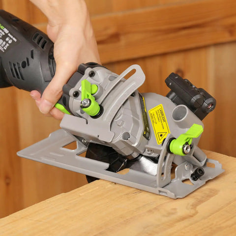 Powerful Compact Circular Saw With Laser Guide, 5.8 Amp, cutting wood, handheld view