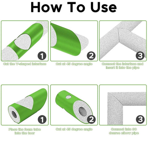 Multi Size Pipe Insulation Cutting Guide Kit With Molded Foam Cutter Tool Set For 15mm To 53mm Insulation Diameters Perfect For Home Industrial And Commercial Plumbing Jobs Includes Bonus 59 Inch Tape Measure Green demonstrating cutting steps for foam insulation pipes.