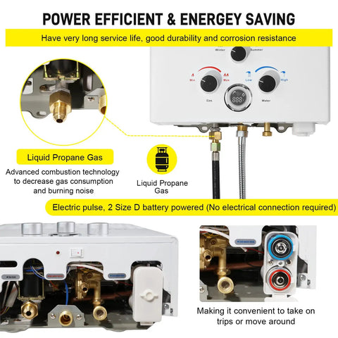 Propane Tankless Water Heater On The Go 4.21GPM 16L Portable Outdoor Gas Hot Water Heater with control panel and connections visible