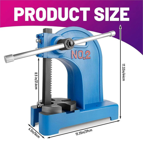 Badass 2 Ton Manual Arbor Press For Stamping And Riveting Heavy Duty Desktop Metal Working Tool featuring dimension details.