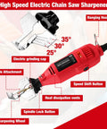 Portable Electric Chainsaw Sharpener Kit With 8 Piece File Set And 45 Diamond Sharpener Stones, showing high-speed red sharpener with labeled parts.