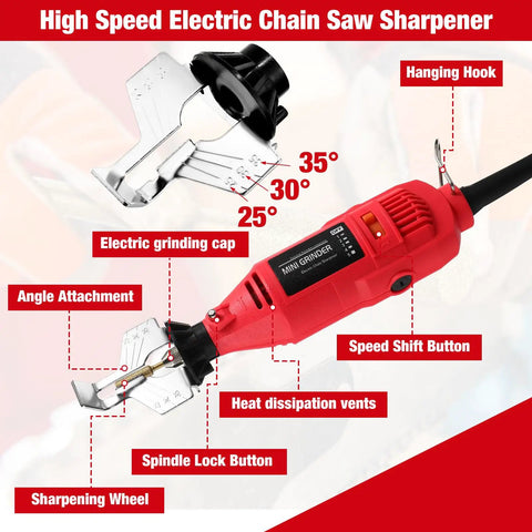 Portable Electric Chainsaw Sharpener Kit With 8 Piece File Set And 45 Diamond Sharpener Stones, showing high-speed red sharpener with labeled parts.