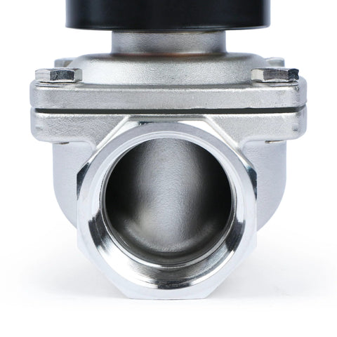 Front view of 1-1/2-inch stainless steel solenoid valve with black coil housing.