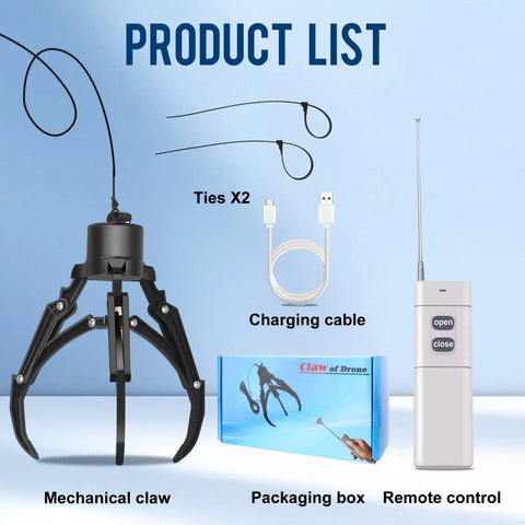 Upgrade Your Drone Game With This Awesome Universal Claw Grabber for DJI Drones Smart Manipulator Tool Easy Insta Mount For Mavic Mini Air Drop Airdrop Accessory includes mechanical claw, ties, charging cable, remote control.