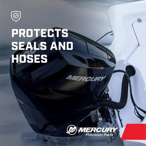 0W30 Synthetic Power Trim And Steering Fluid For Marine Electric Systems, Compatible With Verado JPO Electric Steering And Zeus Drives, Transmission And Actuator Use, 32 Oz Quart, OEM Spec. Image of black outboard motor.