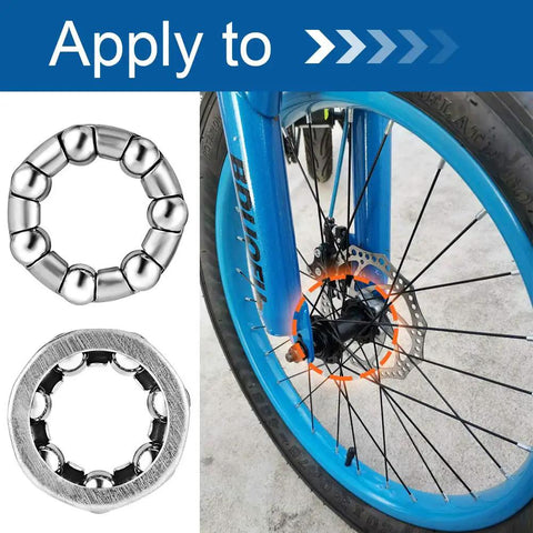 Bike Wheel Bearing Set Three Sixteenths Inch Ball Bearings Retainer for Front and Rear Axle shown with bicycle wheel.