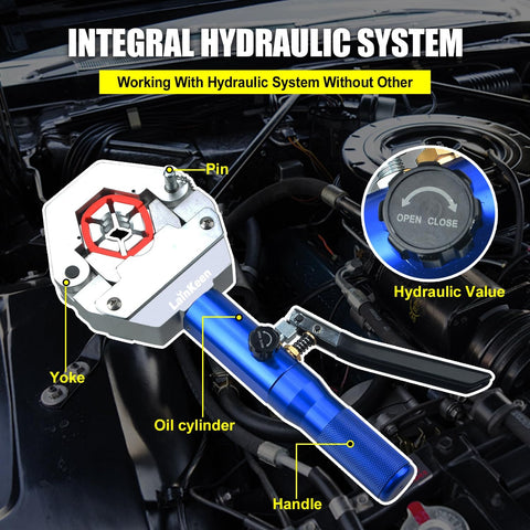Hydraulic AC Hose Crimper Kit With 7 Die Set Manual Handheld Tool for Auto AC Line Repair installed in engine bay.