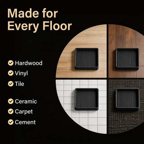 Eight Piece Three Inch Square Black Caster Cups Heavy Duty Badass Grip Anti Skid on various floor types.