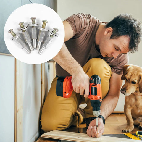 Five Piece Drill Shaft Extender And Buffing Wheel Mandrel Set thick arbor adapter with worker using drill and dog nearby.