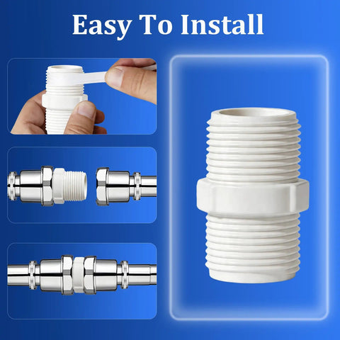 3/4 Inch PVC Pipe Fitting Hex Nipple G Three Fourth Male To G Three Fourth Male Thread Coupling Connector For Plumbing Schedule 40 Garden Hose Thread DIY Projects Home Or Industrial Use Durable PVC installed on threaded pipes