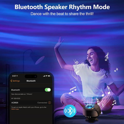 Woman enjoying music with Massive Coverage Galaxy Lights Projector Two Point Zero creating immersive sci-fi vibes in room.