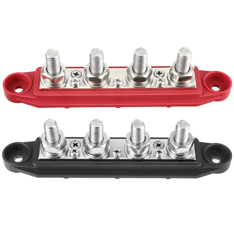 Heavy Duty Four Stud Power Distribution Block 250 Amp Bus Bar Junction With Weather Shield For Car Truck Rv Marine Boat, black and red design.