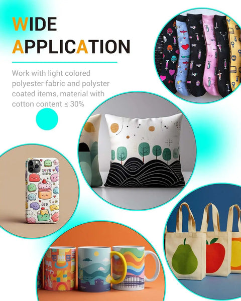 Various sublimation products created using 100 Sheets Sublimation Paper For Tees And Mugs And DIY Heat Transfers With White Print Side 8.3 By 11.7 Inches Compatible With Epson HP Canon And Sawgrass Inkjet Printers Sublimation Ink Required.”}