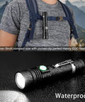 Rechargeable 2000 Lumen LED Tactical Flashlight With Zoomable Beam IPX6 Waterproof Pocket Size Beast Bright Light For Hiking Camping And Emergency Prep shown on backpack