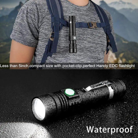 Rechargeable 2000 Lumen LED Tactical Flashlight With Zoomable Beam IPX6 Waterproof Pocket Size Beast Bright Light For Hiking Camping And Emergency Prep shown on backpack