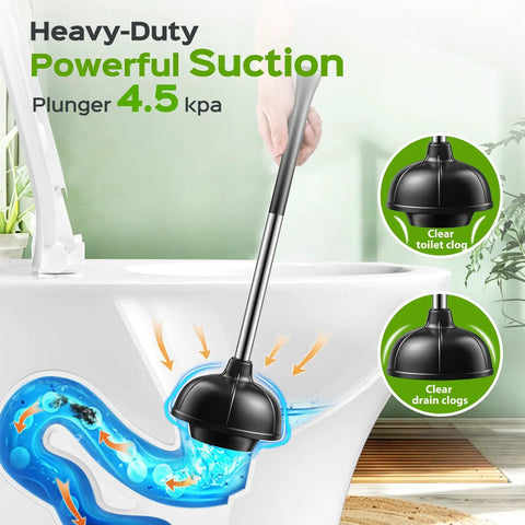 Heavy Duty Toilet Plunger And Brush Set Straight Up Built To Crush Stubborn Clogs With Zero Sweat Featuring Stainless Steel Handle and suction action on black flanged cup.