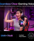 Woman using USB Gaming Microphone With Noise Cancellation One Click Mute Gain Control Real Time Monitoring Boom Arm Slick For Streaming Podcast Twitch YouTube Discord On PC PS4 PS5 And Mac