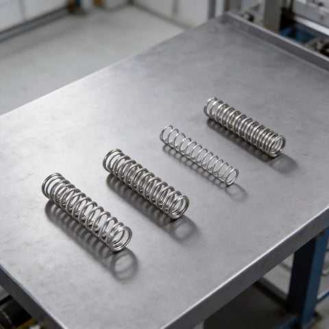 Massive 300 Piece Compression Springs Assortment Kit With 23 Cool Sizes Made From Durable 304 Stainless Steel For Tough Repairs And DIY Projects Around the Home. Four stainless compression springs on metal surface
