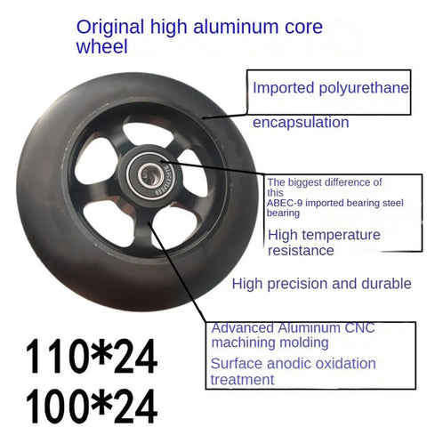 Beast Mode Speed Inline Skate Wheels 100mm And 110mm Set Of 2, high-density polyurethane, aluminum core, green finish, includes 608RS bearings.