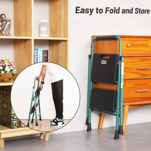 Compact Folding Step Ladder With Wide Anti Slip Pedals, Lightweight Steel Step Stool, 2 Steps, Handgrip, in folded position