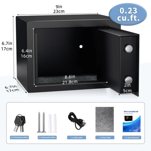 Dimensions of Built Tough Digital Money Safe With Keypad Lock Box, Steel Security Safe For Home Office Hotel, 0.23 Cubic Feet, Black