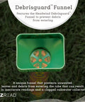 Top view of Giant 21 Inch Outdoor Rain Gauge For Pros, USA Made Heavy Duty All Weather Freeze Proof With Float, Stake Or Mount, Debris Shield, Readable From 50 Feet, Green showing Debrisguard Funnel.