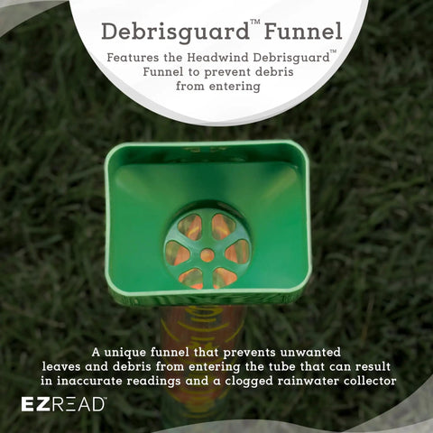 Top view of Giant 21 Inch Outdoor Rain Gauge For Pros, USA Made Heavy Duty All Weather Freeze Proof With Float, Stake Or Mount, Debris Shield, Readable From 50 Feet, Green showing Debrisguard Funnel.