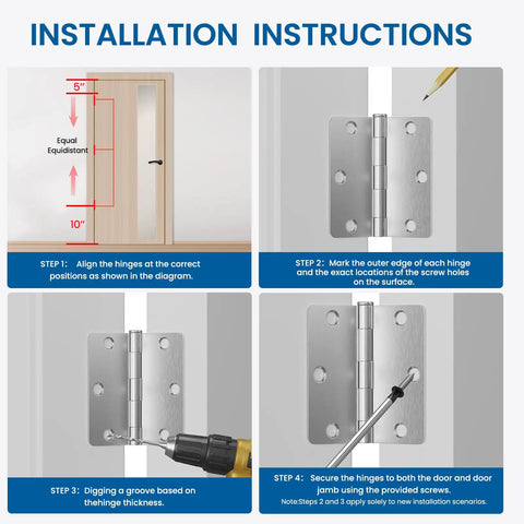 Installation instructions for 18 Pack Brushed Nickel Door Hinges Three And A Half Inch By Three And A Half Inch Interior Hinge With One Quarter Inch Radius Satin Nickel Finish Built For Steel Residential Doors Fits Bedroom And Standard Doors