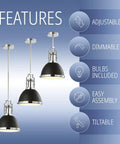 Industrial Iron Dome Pendant Light 10 Inch Black Chrome Finish Adjustable Hanging Fixture For Kitchen Island Or Entryway Modern Black Metal Shade LED Bulb Included with features listed as adjustable, dimmable, bulbs included, easy assembly, and tiltable.